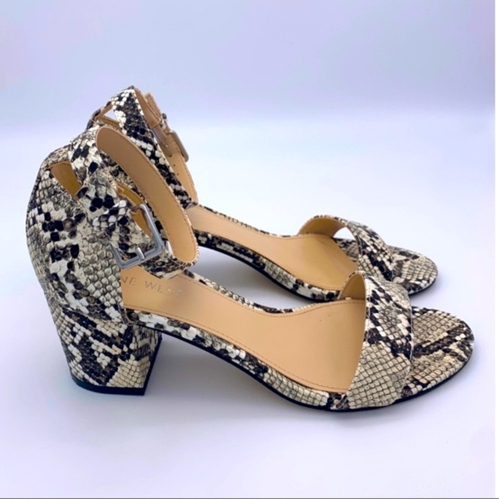 Snake Skin Print Block Heel Sandal Ankle Strap Nine West White Black Gray Scales